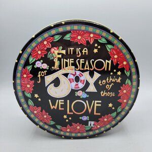 Mary Engelbreit Holiday Tin Container Joy Poinsettia Design Checkered Sides